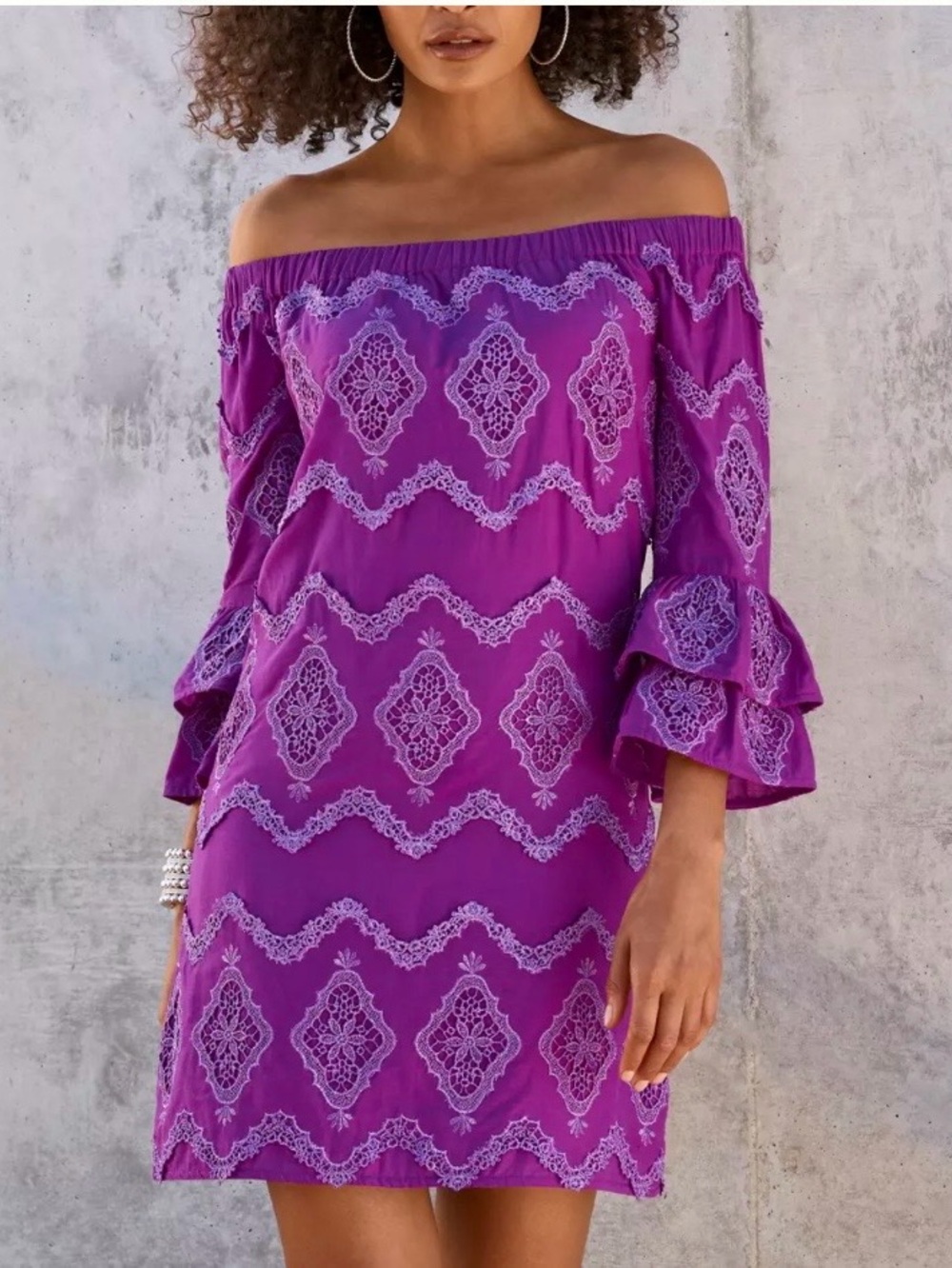 Boston Proper One-Shoulder Purple Embroidered Tiered-Sleeve Dress